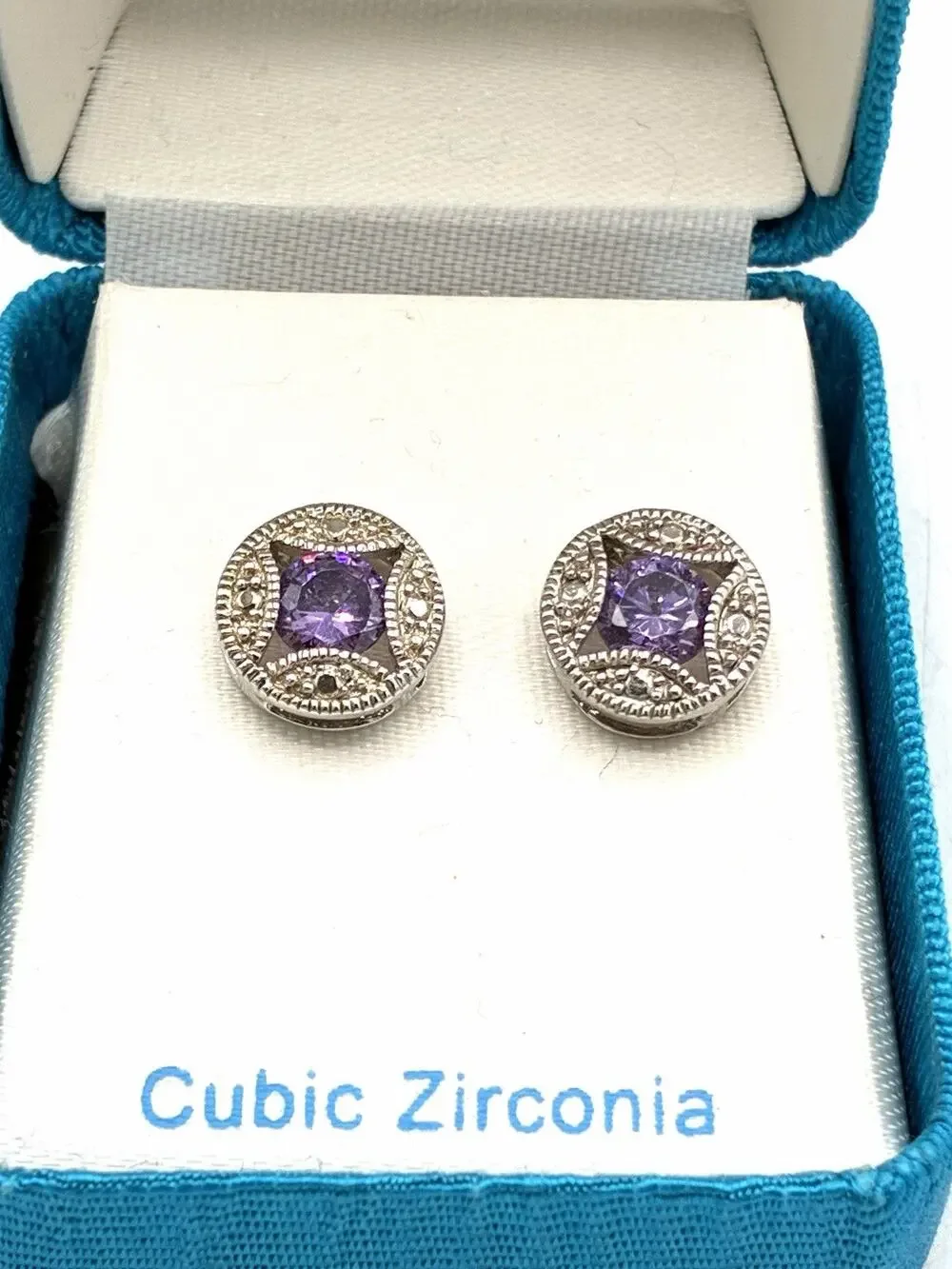 Purple Cubic Zirconia Round Earrings Silver Tone Filigree CZ Estate Jewelry